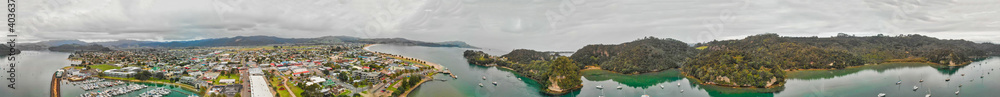 Panoramic aerial view of Whitianga and Mercury Bay, New Zealand North Island