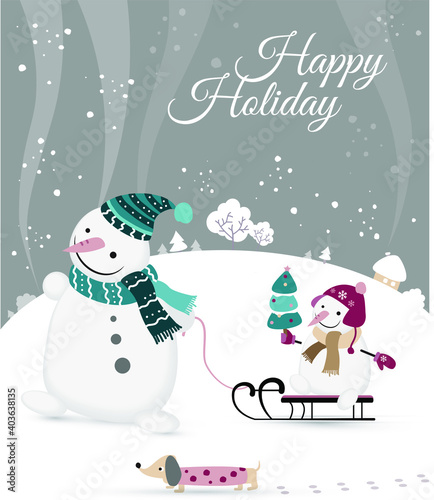 Cute dad  snowman is bringing his son with a Christmas tree on a sled. Winter landscape. Vector illustration.