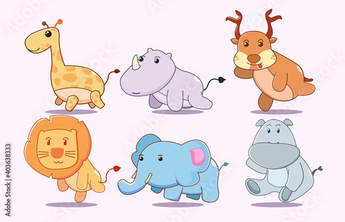 cute animal set, girrafe,elephant,hippo,deer,liom,rhino vector illustration suitable for mascor logo,kids merchand ,editable landing page photo