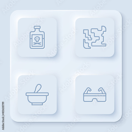 Set line Poison in bottle, Gaseous, Mortar and pestle and Safety goggle glasses. White square button. Vector.