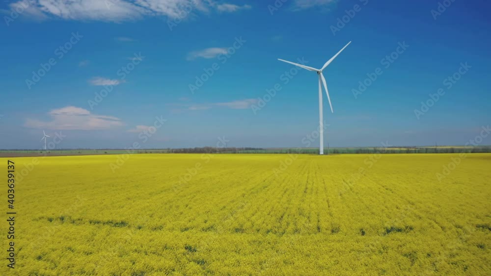 Aerial view of a wind turbine on a rapeseed field. View from a flying drone on a wind turbine on a yellow field. Aerial view of a wind turbine on a rapeseed field. View from a flying drone on a wind turbine on a yellow field.