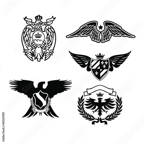 eagle emblem, emblem shield icon set up with wings spread, in black and white