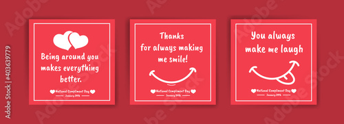 National Compliment Day. January 24th. Social media post templates, banners, cards, posters with text.