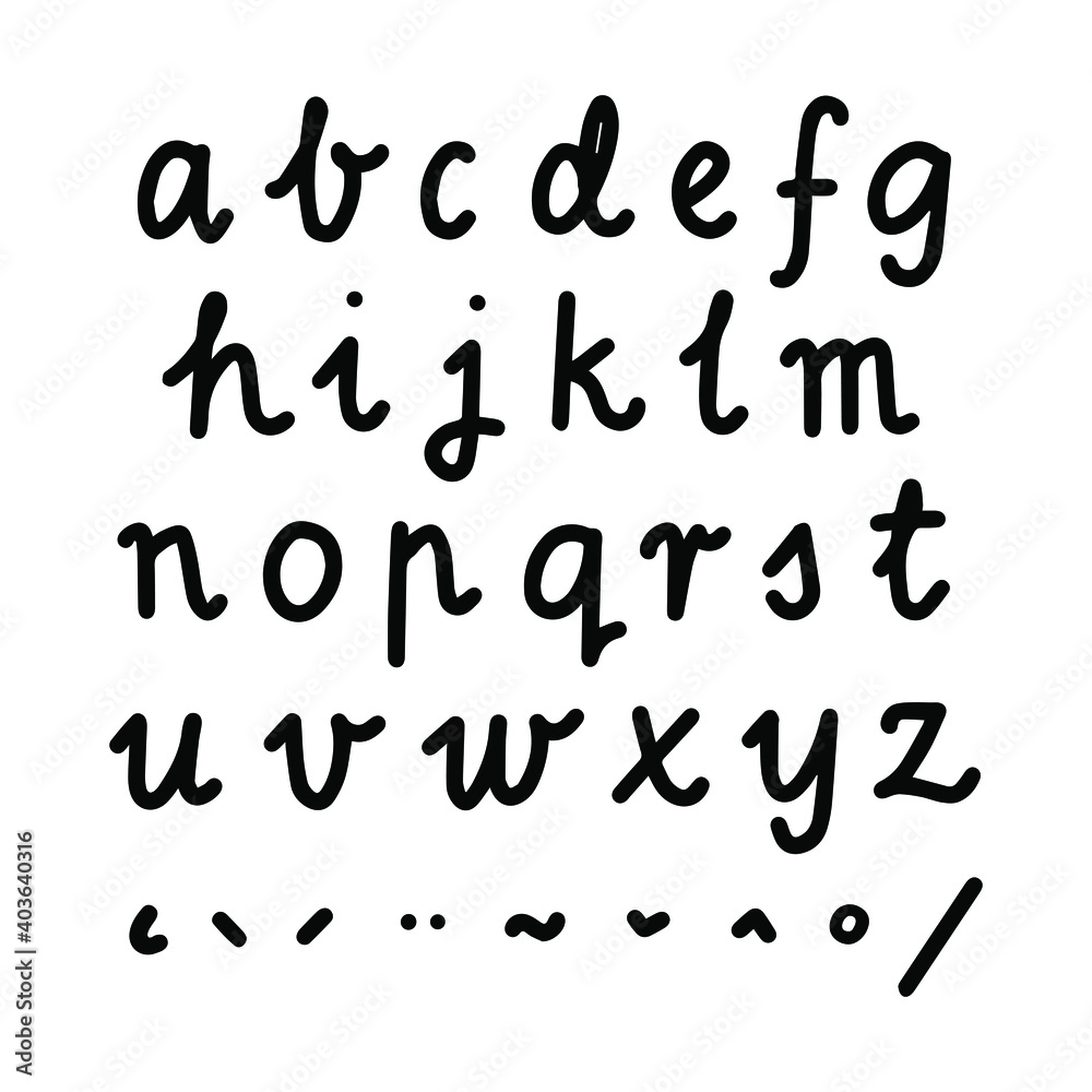 hand written alphabet small letters and signs vector black line typographic elements isolated on white background hand written alphabet small letters and signs vector black line typographic elements isolated on white background