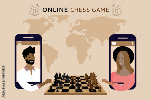 Online chess game, online tournament. A man and a woman are sitting in front of phone screens playing a strategic intellectual game. Flat vector illustration