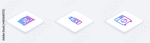 Set Isometric line Test tube with water drop, Bottle for cleaning agent and Washer. White square button. Vector.