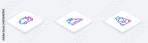 Set Isometric line Garbage truck, Electric iron and Cleaning lady service. White square button. Vector.