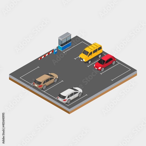 Isometric car in the parking area with trees design concept vector illustration