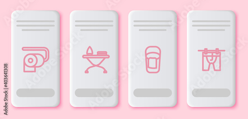 Set line Toilet paper roll, Iron and ironing board, Bucket with rag and Drying clothes. White rectangle button. Vector.