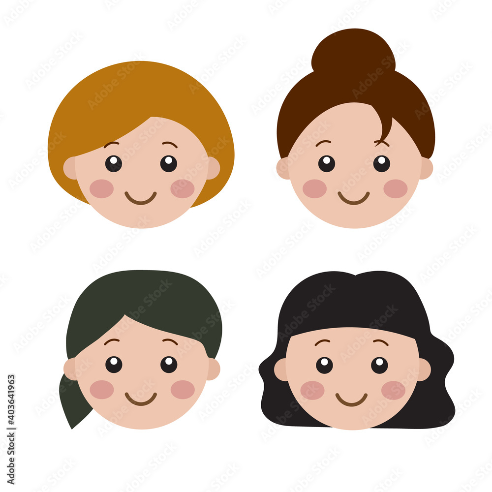 Cute and simple illustration of happy faces of young four women 