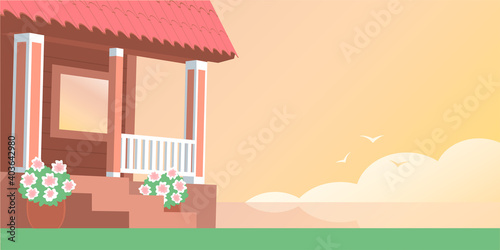 Cozy porch of a wooden country house. Seascape and sunset background. Banner with free space. Vector illustration for template.