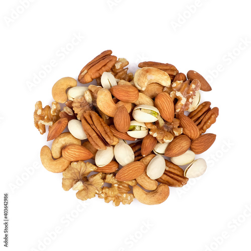 mix nuts, almonds, walnuts, pecans, cashews, pistachio seeds isolated on white background, top view