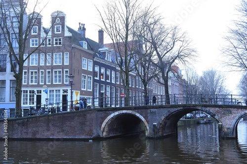 Cityscape Amsterdam Canal with Houses, Winter Trees and Bridge
