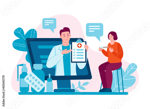 Internet doctor. Telemedicine. Doctor's consultation via the Internet with a doctor. Medicine and healthcare concept. Online medical care for patients. Vector illustration in flat cartoon style.