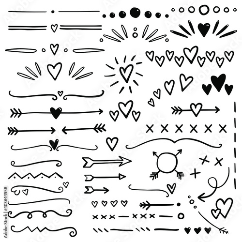 Hand drawn hearts and arrows dividers. Bullet journal web visual note sketch elements. Isolated graphic vector object set.