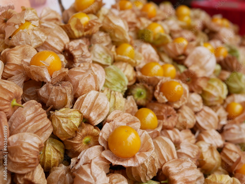 Selective focus of juicy ripe Cape gooseberry fruits, Physalis peruviana, Goldenberry, Poha, for sale at a local market Selective focus of juicy ripe Cape gooseberry fruits, Physalis peruviana, Goldenberry, Poha, for sale at a local market