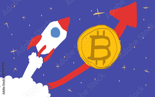 ビットコイン価格上昇。BTC/仮想通貨/暗号資産/ブロックチェーン/投資イメージイラスト