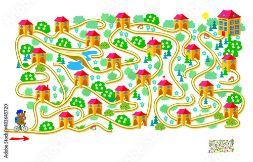 Logic puzzle game with labyrinth for children and adults. Help the little bear find the way to the school. Worksheet for kids brain teaser book. IQ test. Play online. Vector illustration.