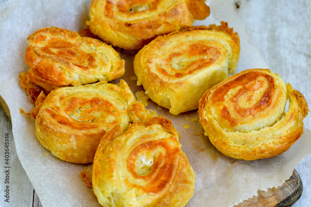 Bakery – home made mini rolls   cheese pie with phyllo pastry with parmesan cheese