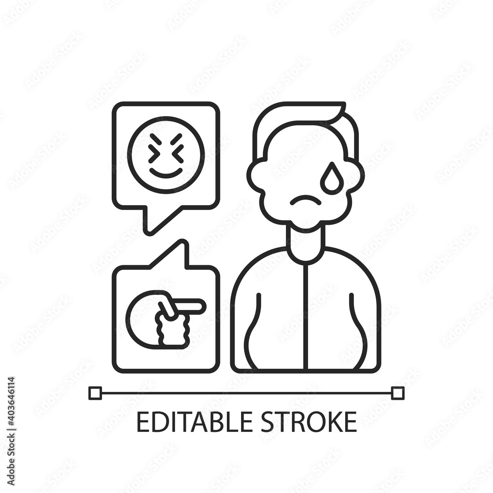 Weight-based cyberbullying linear icon. Bodyshaming. Offensive comments to overweight person. Thin line customizable illustration. Contour symbol. Vector isolated outline drawing. Editable stroke