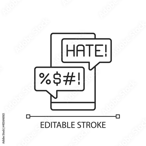 Messenger cyberbullying linear icon. Hate comments. Email with offensive content. Thin line customizable illustration. Contour symbol. Vector isolated outline drawing. Editable stroke