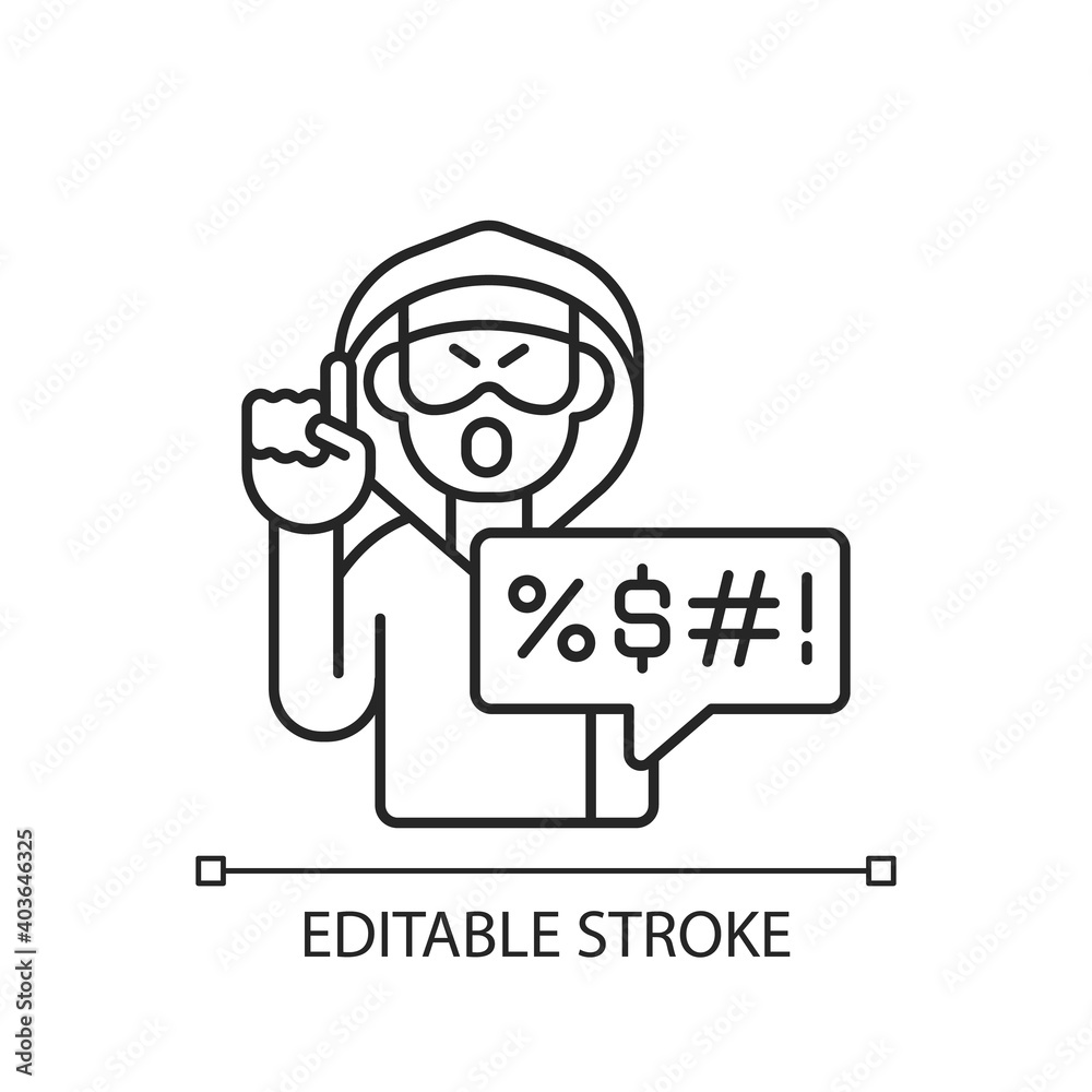 Hate speech linear icon. Offensive comment. Rude talk. Shaming and spreading negativity. Thin line customizable illustration. Contour symbol. Vector isolated outline drawing. Editable stroke
