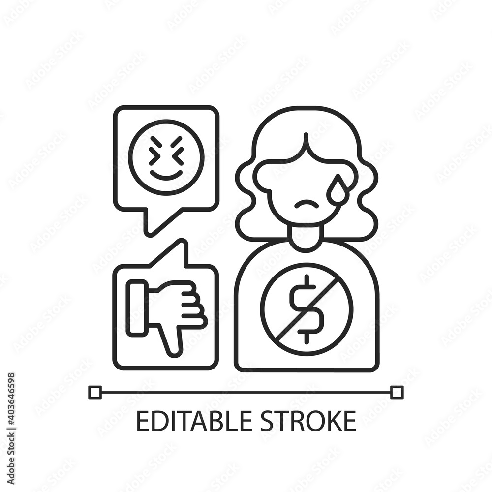 Financial cyberbullying linear icon. Bullying woman with no money. Abusive relationship. Thin line customizable illustration. Contour symbol. Vector isolated outline drawing. Editable stroke Financial cyberbullying linear icon. Bullying woman with no money. Abusive relationship. Thin line customizable illustration. Contour symbol. Vector isolated outline drawing. Editable stroke