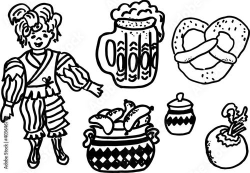 set oktoberfest . bavarian traditional food. vector illustration in doodle style