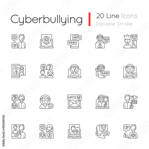 Cyberbullying linear icons set. Online harassment. Social media hate comments. Offensive e-mail. Customizable thin line contour symbols. Isolated vector outline illustrations. Editable stroke © bsd studio