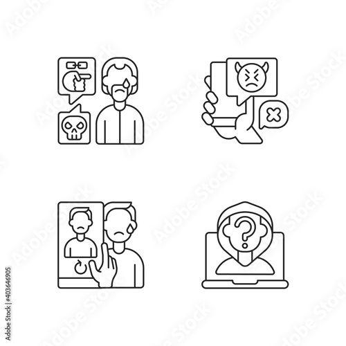Cyberbullying and discrimination linear icons set. Racial bullying. Anonymous stalker, doxing. Customizable thin line contour symbols. Isolated vector outline illustrations. Editable stroke