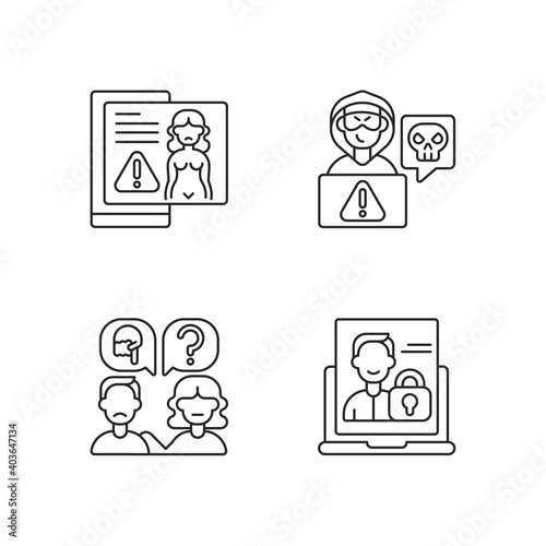 Cyber harassment linear icons set. Revenge porn. Cyberstalking on social media. Victime seek support. Customizable thin line contour symbols. Isolated vector outline illustrations. Editable stroke