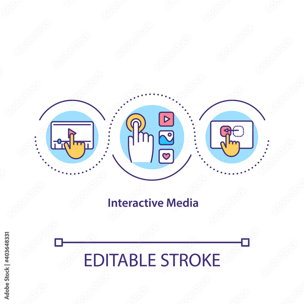 Interactive media concept icon. Innovative technology. Touch screen. Social network optimization. Journalism idea thin line illustration. Vector isolated outline RGB color drawing. Editable stroke