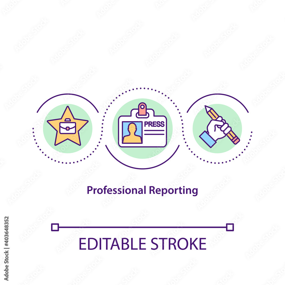 Professional reporting concept icon. Reporter work. Article writer. Job in mass media. Journalism idea thin line illustration. Vector isolated outline RGB color drawing. Editable stroke