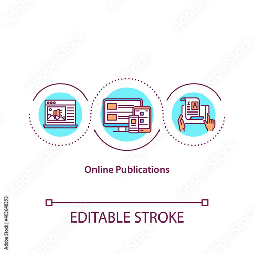 Online publications concept icon. Internet article. Digital content. Electronic book. Journalism idea thin line illustration. Vector isolated outline RGB color drawing. Editable stroke