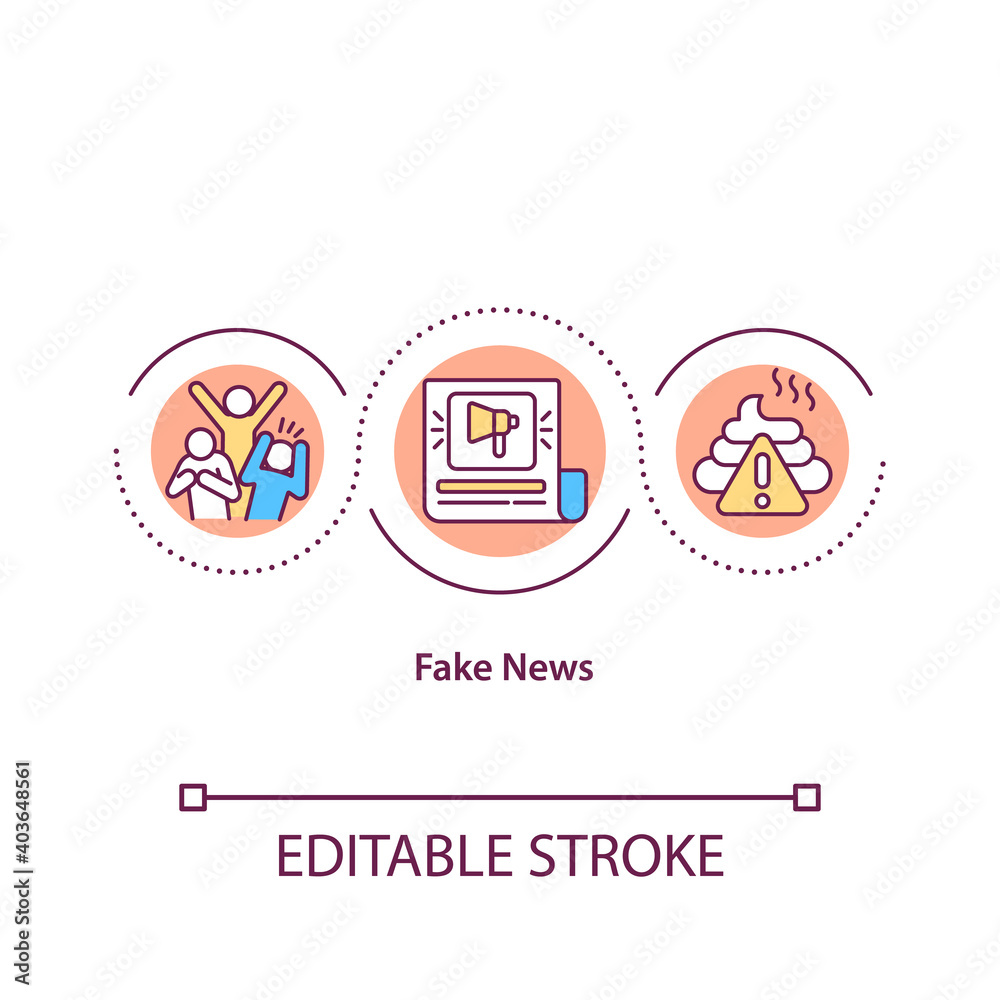 Fake news concept icon. False facts in publication. Misleading online article. Social propaganda. Journalism idea thin line illustration. Vector isolated outline RGB color drawing. Editable stroke