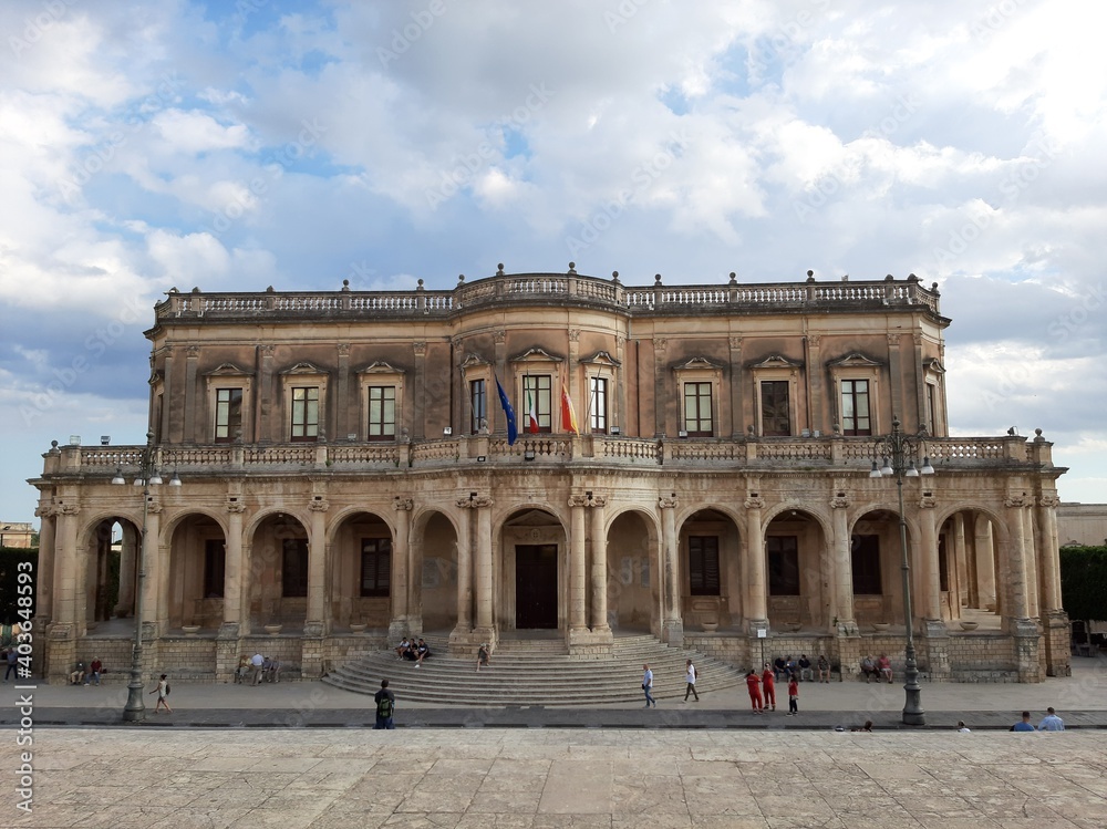 The facade of the town hall of the city of Noto in Sicily in late Baroque style