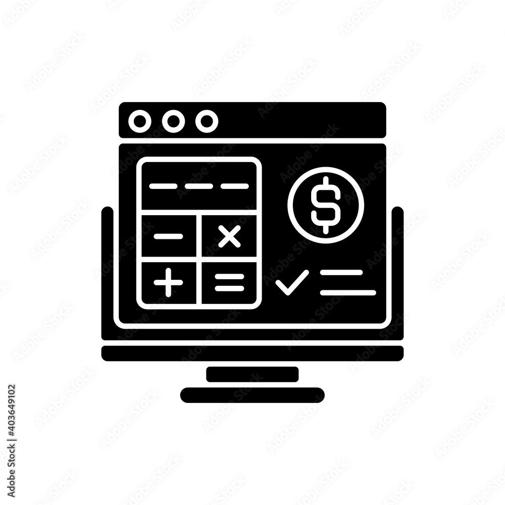 Accounting software black glyph icon. Application software that records and processes accounting transactions within functional modules. Silhouette symbol on white space. Vector isolated illustration Accounting software black glyph icon. Application software that records and processes accounting transactions within functional modules. Silhouette symbol on white space. Vector isolated illustration
