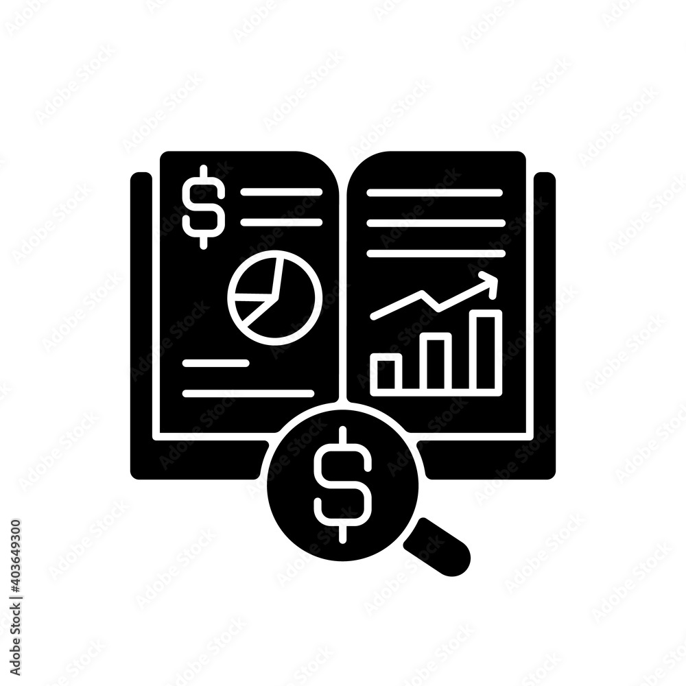 Ledger black glyph icon. Principal book or computer file for recording and totaling economic transactions measured in monetary unit. Silhouette symbol on white space. Vector isolated illustration Ledger black glyph icon. Principal book or computer file for recording and totaling economic transactions measured in monetary unit. Silhouette symbol on white space. Vector isolated illustration