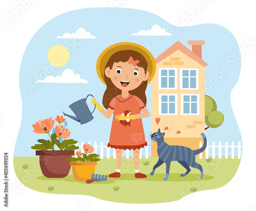 Young girl watering plants in the garden with her cat in a concept of yard care and maintenance, colored cartoon vector illustration