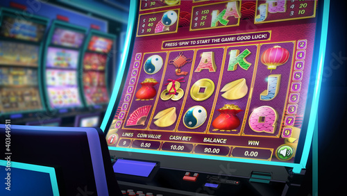 Close up view of an Asian-themed video slot game on a slot cabinet with curved display and neon lights at the casino. 3D rendered illustration 