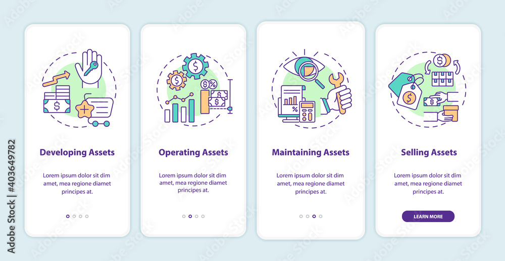 Asset management components onboarding mobile app page screen with concepts. Developing, maintaining walkthrough 4 steps graphic instructions. UI vector template with RGB color illustrations