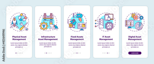 Asset management types onboarding mobile app page screen with concepts. Physical and infrastructure managing walkthrough 5 steps graphic instructions. UI vector template with RGB color illustrations