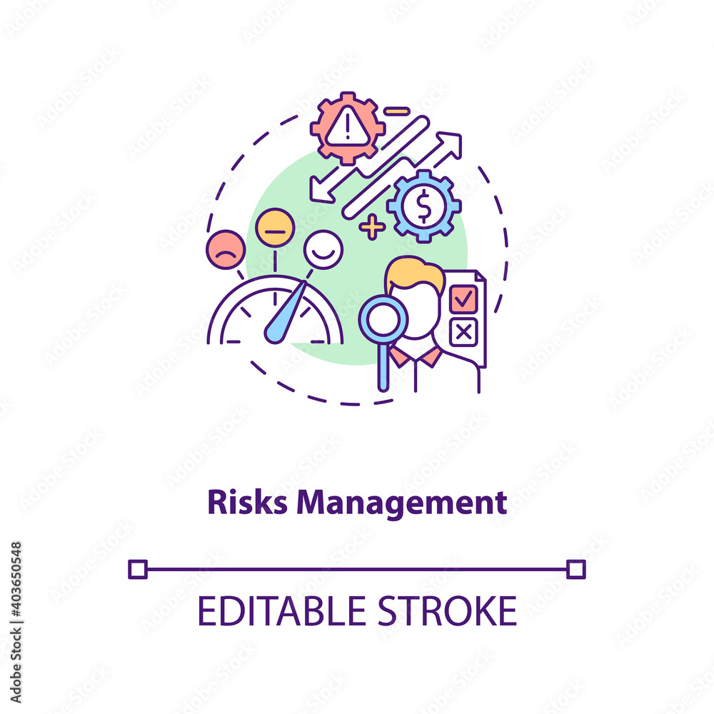 Risks management concept icon. Asset management benefit idea thin line illustration. Risks identification, evaluation and prioritization. Vector isolated outline RGB color drawing. Editable stroke