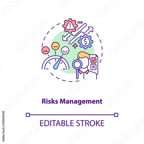 Risks management concept icon. Asset management benefit idea thin line illustration. Risks identification, evaluation and prioritization. Vector isolated outline RGB color drawing. Editable stroke