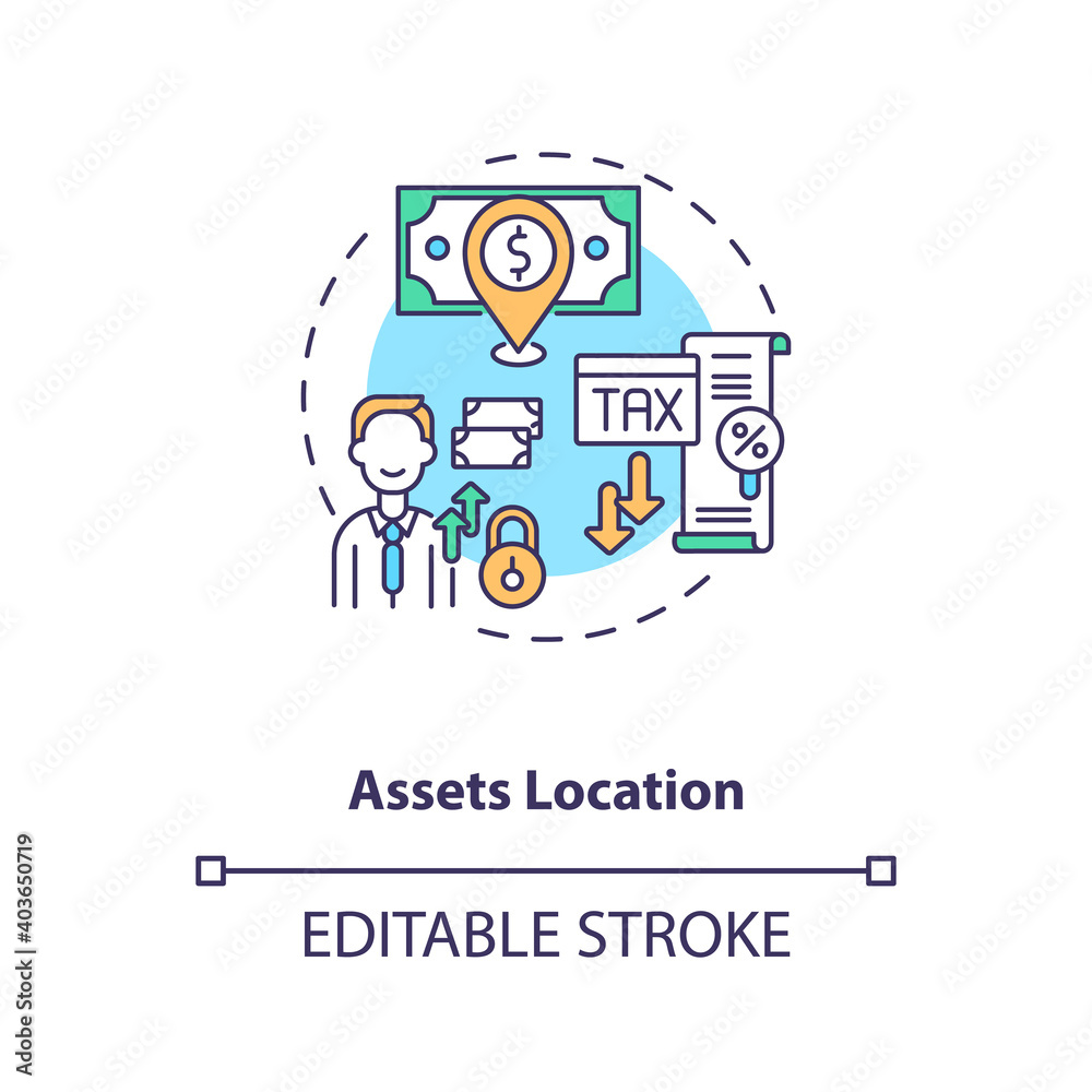 Assets location concept icon. Assets inventory element idea thin line illustration. Money keeping. Tax-minimization strategy. Vector isolated outline RGB color drawing. Editable stroke