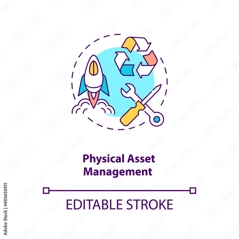 Physical asset management concept icon. Asset management type idea thin line illustration. Economic, commercial, exchange value item. Vector isolated outline RGB color drawing. Editable stroke