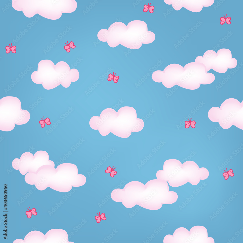 Blue sky with clouds and flying butterflies, seamless pattern
