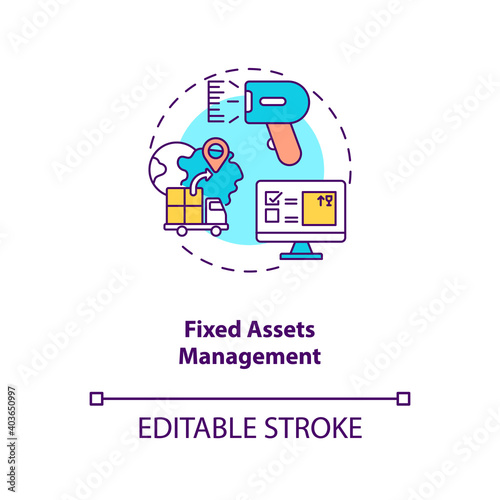 Fixed assets management concept icon. AM type idea thin line illustration. Accounting process. Preventive maintenance and theft deterrence. Vector isolated outline RGB color drawing. Editable stroke