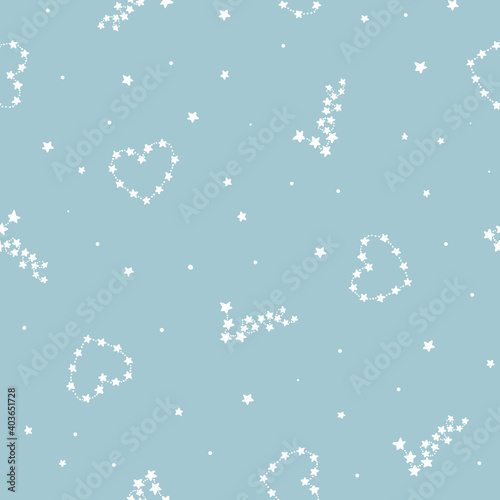 Love and heart constellations - Valentine's vector seamless pattern on light blue background - for fabric, wrapping, textile, wallpaper, background.