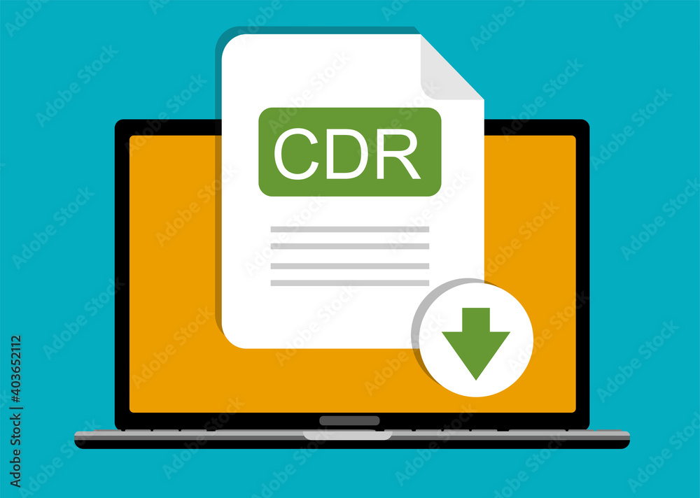 Download CDR button on laptop screen. Downloading document concept. File with CDR label and down arrow sign. Vector stock illustration. Download CDR button on laptop screen. Downloading document concept. File with CDR label and down arrow sign. Vector stock illustration.